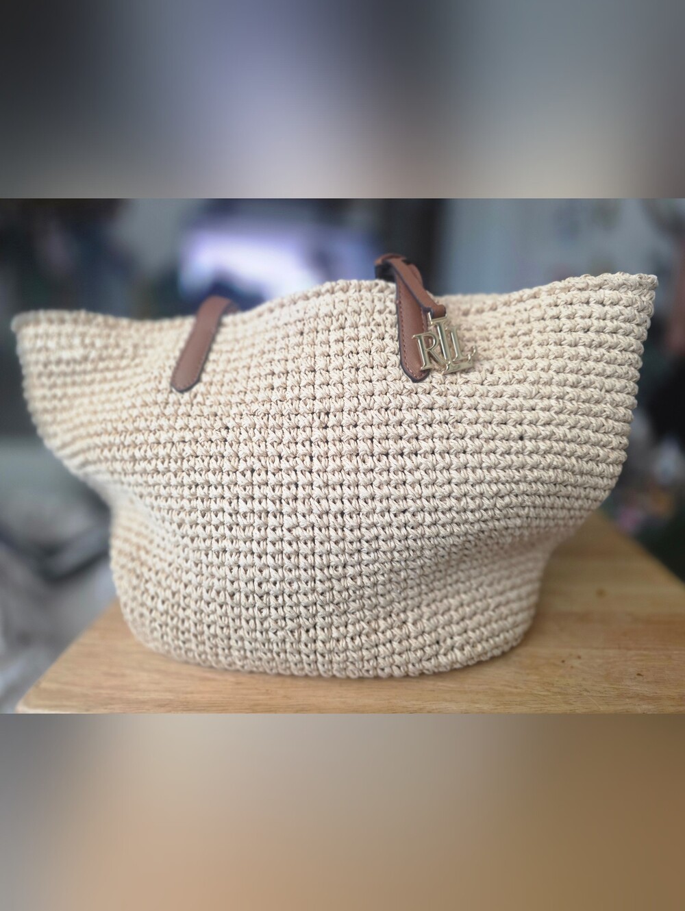 Authentic Ralph Lauren Large Crocheted Straw Tote Bag